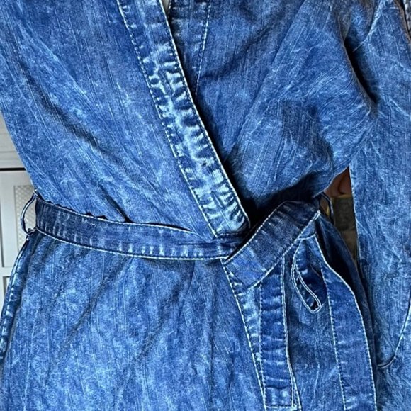 Given Kale Acid Washed 90s Look Ruffle Bell Sleeve Denim Wrap Belted Dress - Picture 3 of 6